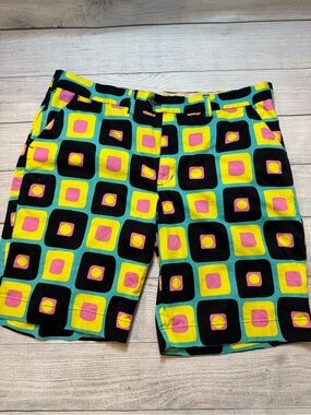 Men's Loud Mouth Golf Shorts in Teal with Yellow & Pink Geometric Print